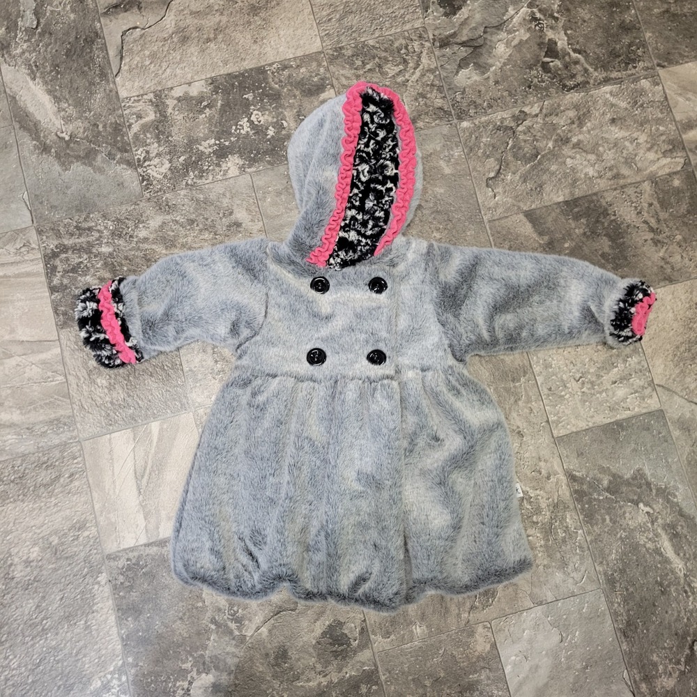 Vintage y2k Corky & Co Girls Faux Fur Coat Grey Pink Ruffle Hooded Jacket 2T